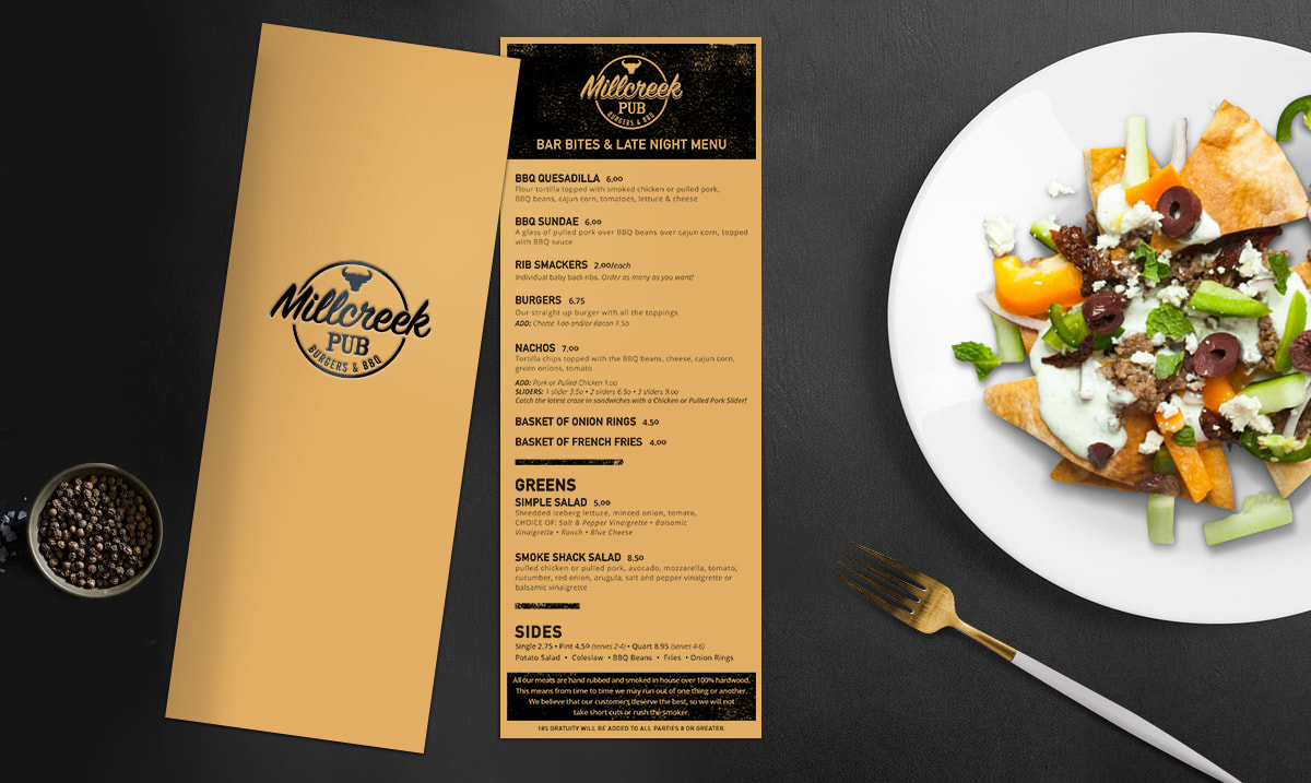 Layout design mockup for Millcreek's menu by Pong Lizardo