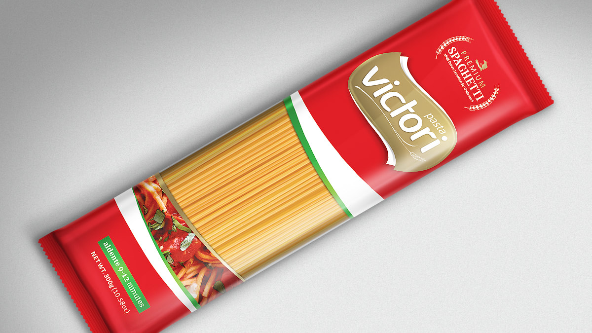 Victori Pasta packaging design mockup by Pong Lizardo